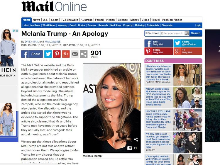 The Daily Mail apologised to Mrs Trump &#39;for any distress that our publication caused her&#39;
